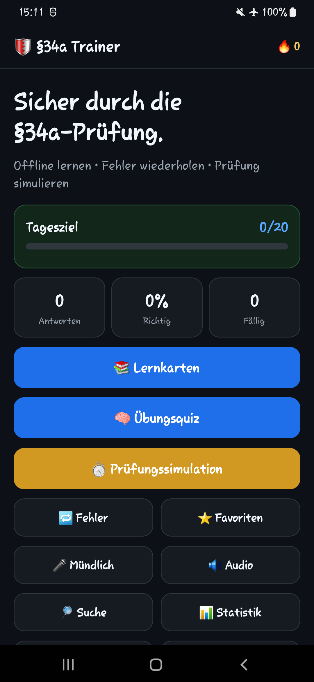 Startbildschirm mit Lernkarten, Quiz, Prüfungssimulation und Statistik
